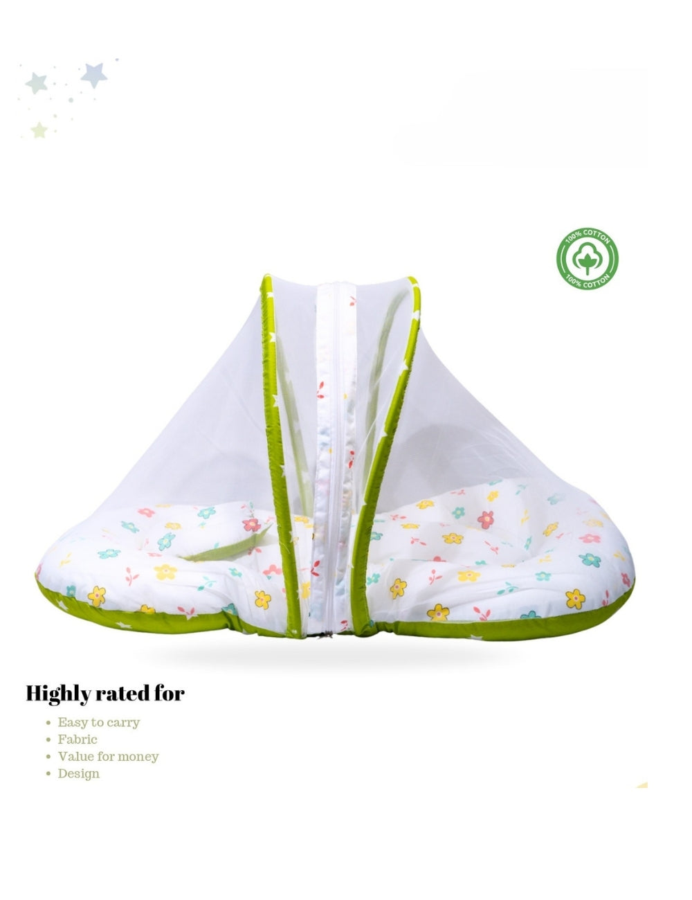 Baby Nest Bed with Mosquito Net – Pure Cotton & Gentle Comfort (0–6 Months) green