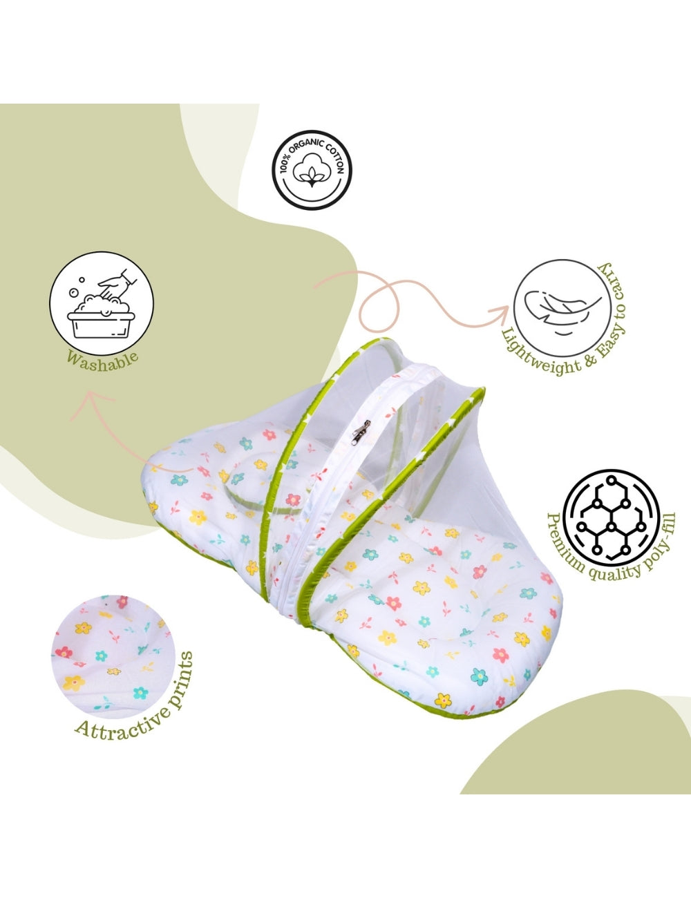 Baby Nest Bed with Mosquito Net – Pure Cotton & Gentle Comfort (0–6 Months) green