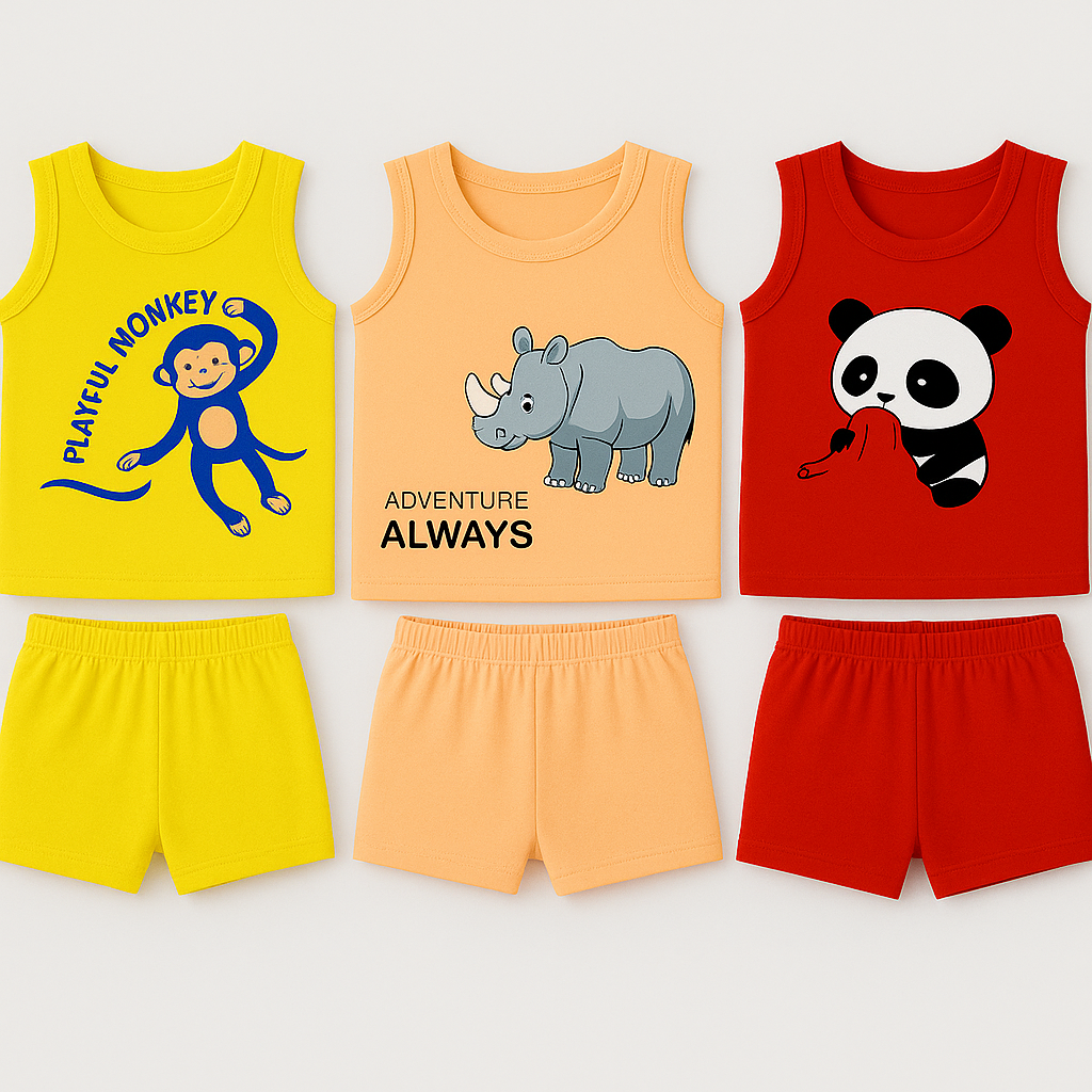 Premium Cotton Baby Co-Ord Set – Printed Sleeveless Tops with Matching Shorts (Pack of 5)