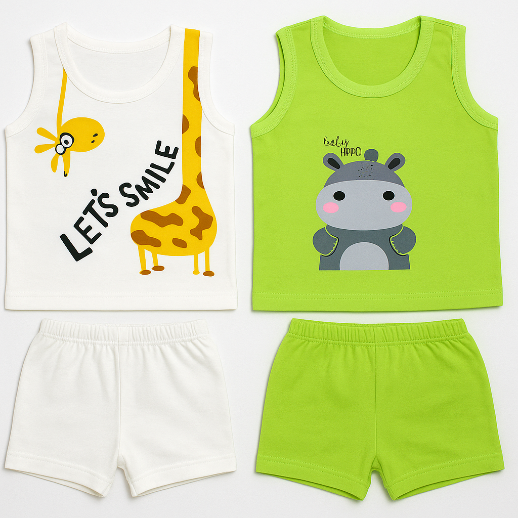 Premium Cotton Baby Co-Ord Set – Printed Sleeveless Tops with Matching Shorts (Pack of 5)
