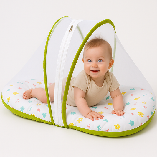 Baby Nest Bed with Mosquito Net – Pure Cotton & Gentle Comfort (0–6 Months) green