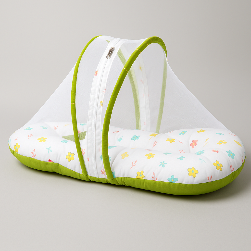Baby Nest Bed with Mosquito Net – Pure Cotton & Gentle Comfort (0–6 Months) green