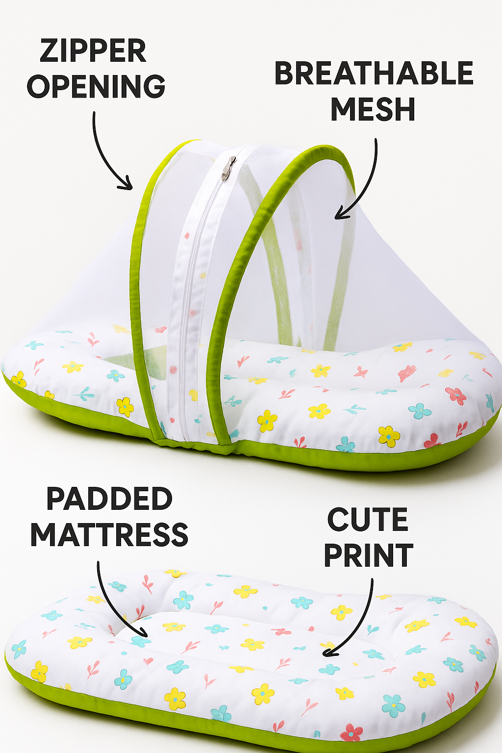 Baby Nest Bed with Mosquito Net – Pure Cotton & Gentle Comfort (0–6 Months) green