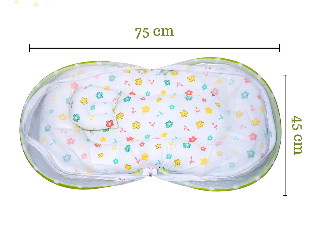 Baby Nest Bed with Mosquito Net – Pure Cotton & Gentle Comfort (0–6 Months) green