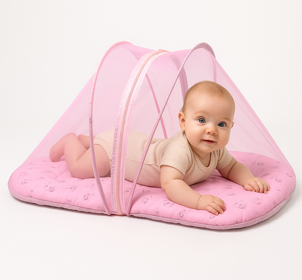 Velvet Baby Net Bed with Mosquito Net – Cotton Exterior, Soft Velvet Interior (0–6 Months)