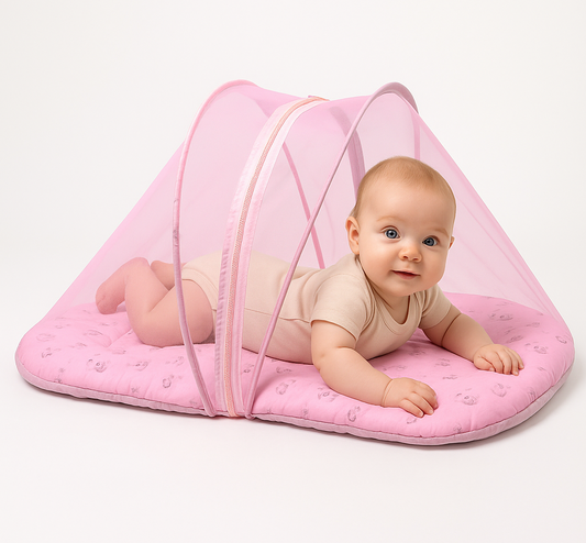 Velvet Baby Net Bed with Mosquito Net – Cotton Exterior, Soft Velvet Interior (0–6 Months)