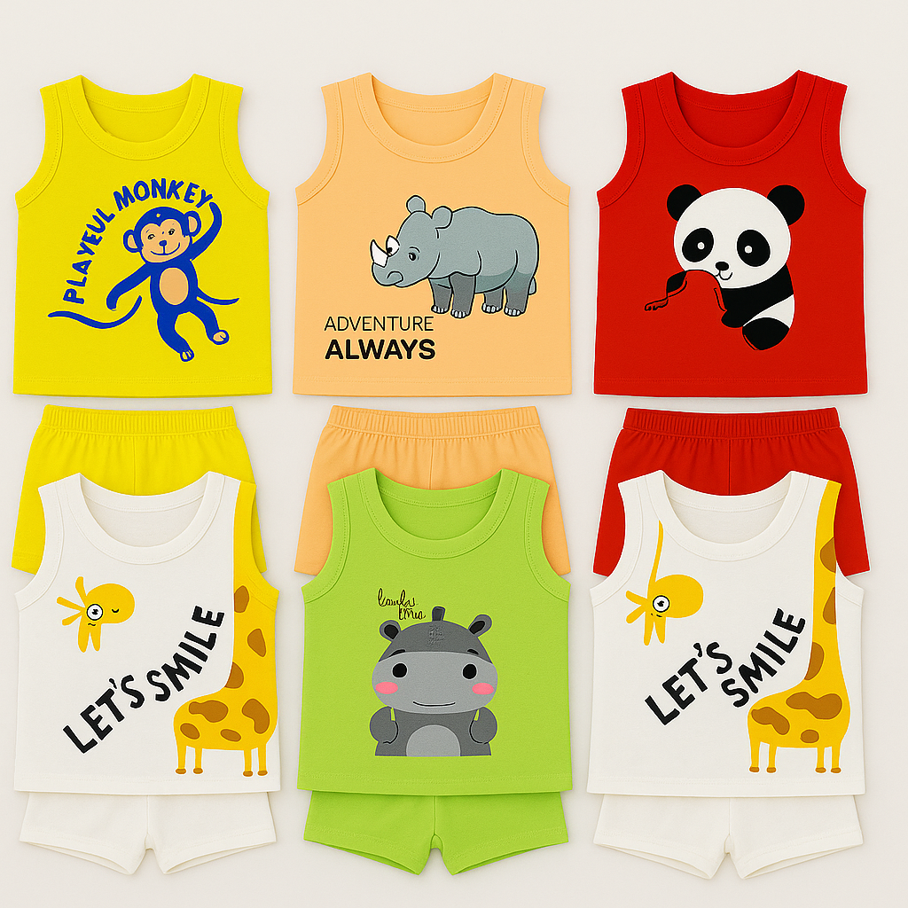 Premium Cotton Baby Co-Ord Set – Printed Sleeveless Tops with Matching Shorts (Pack of 5)