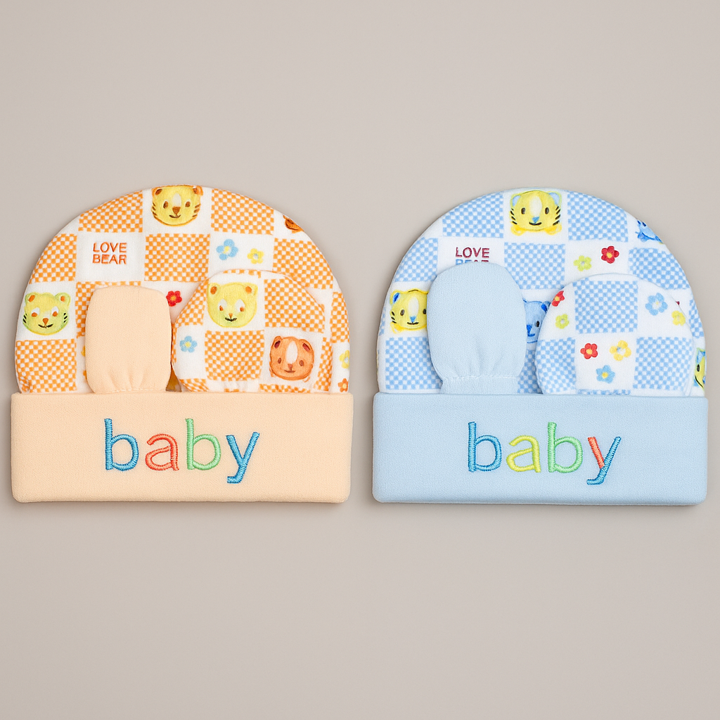 100% Cotton Baby Caps, Mittens and Booties Combo Set