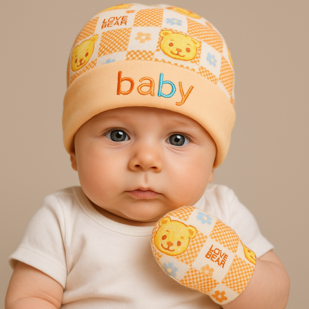 100% Cotton Baby Caps, Mittens and Booties Combo Set