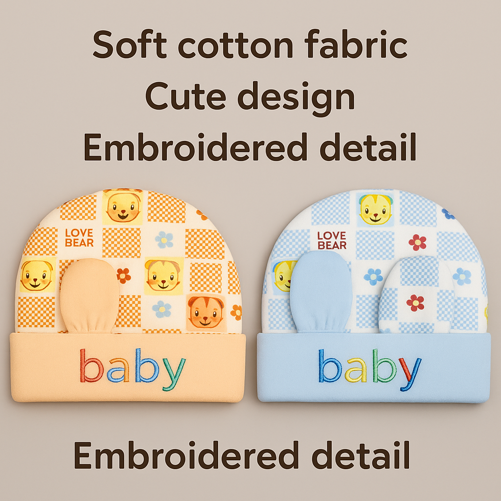 100% Cotton Baby Caps, Mittens and Booties Combo Set