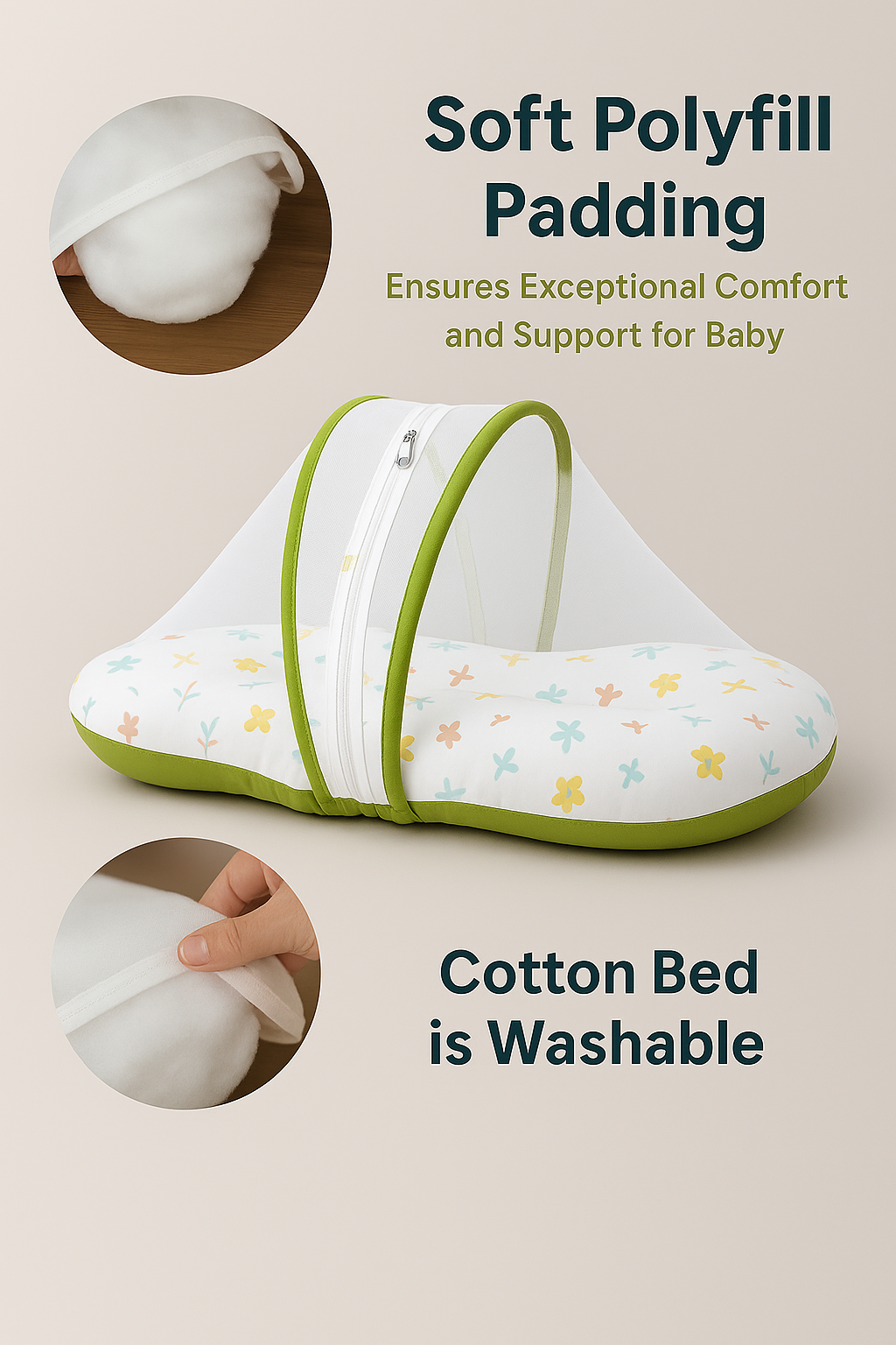 Baby Nest Bed with Mosquito Net – Pure Cotton & Gentle Comfort (0–6 Months) green