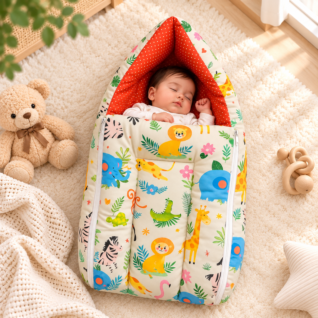 Multicolor 3 In 1 Baby Carry Nest Cum Sleeping Bag Jungle Print