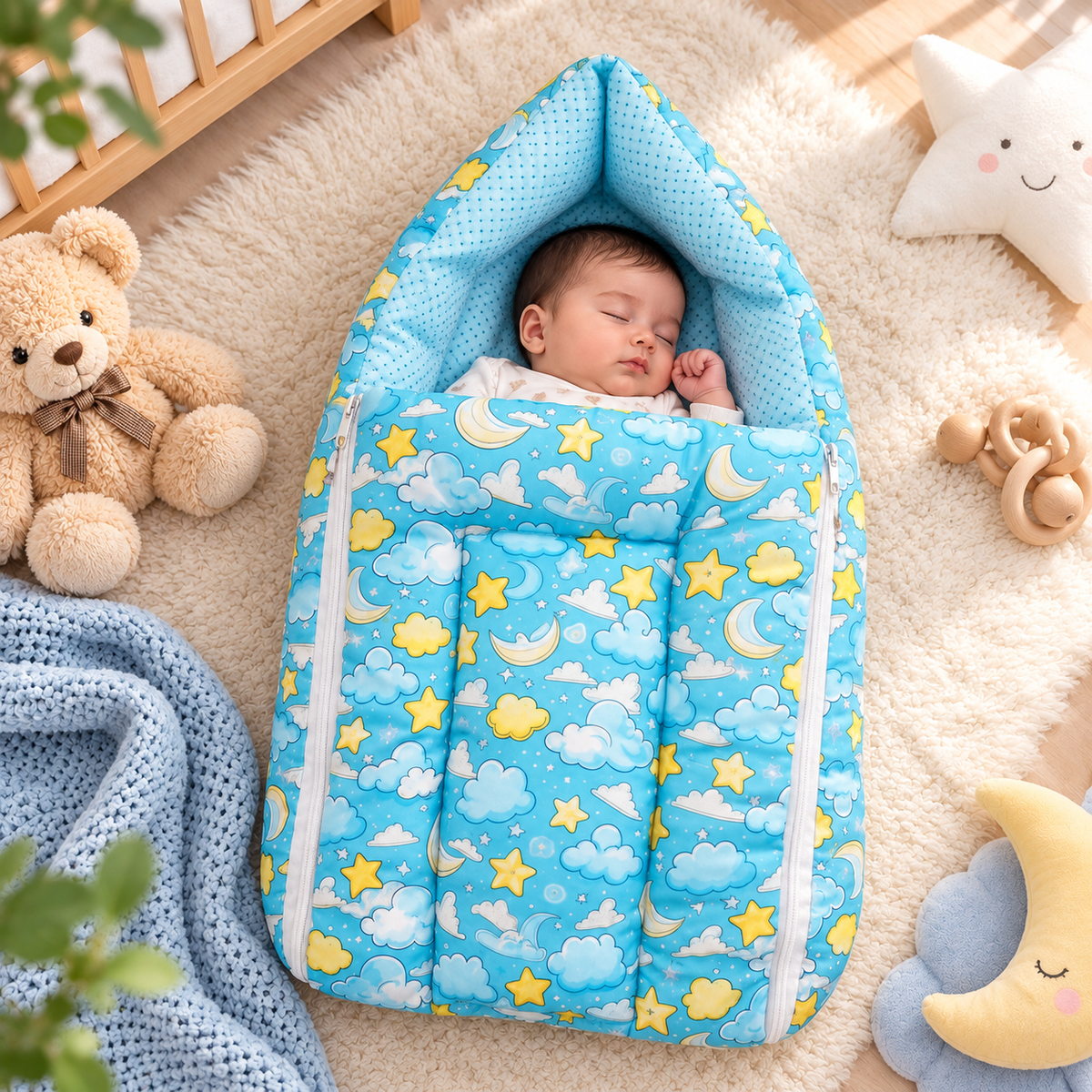 Multicolor 3 In 1 Baby Carry Nest Cum Sleeping Bag sky Print