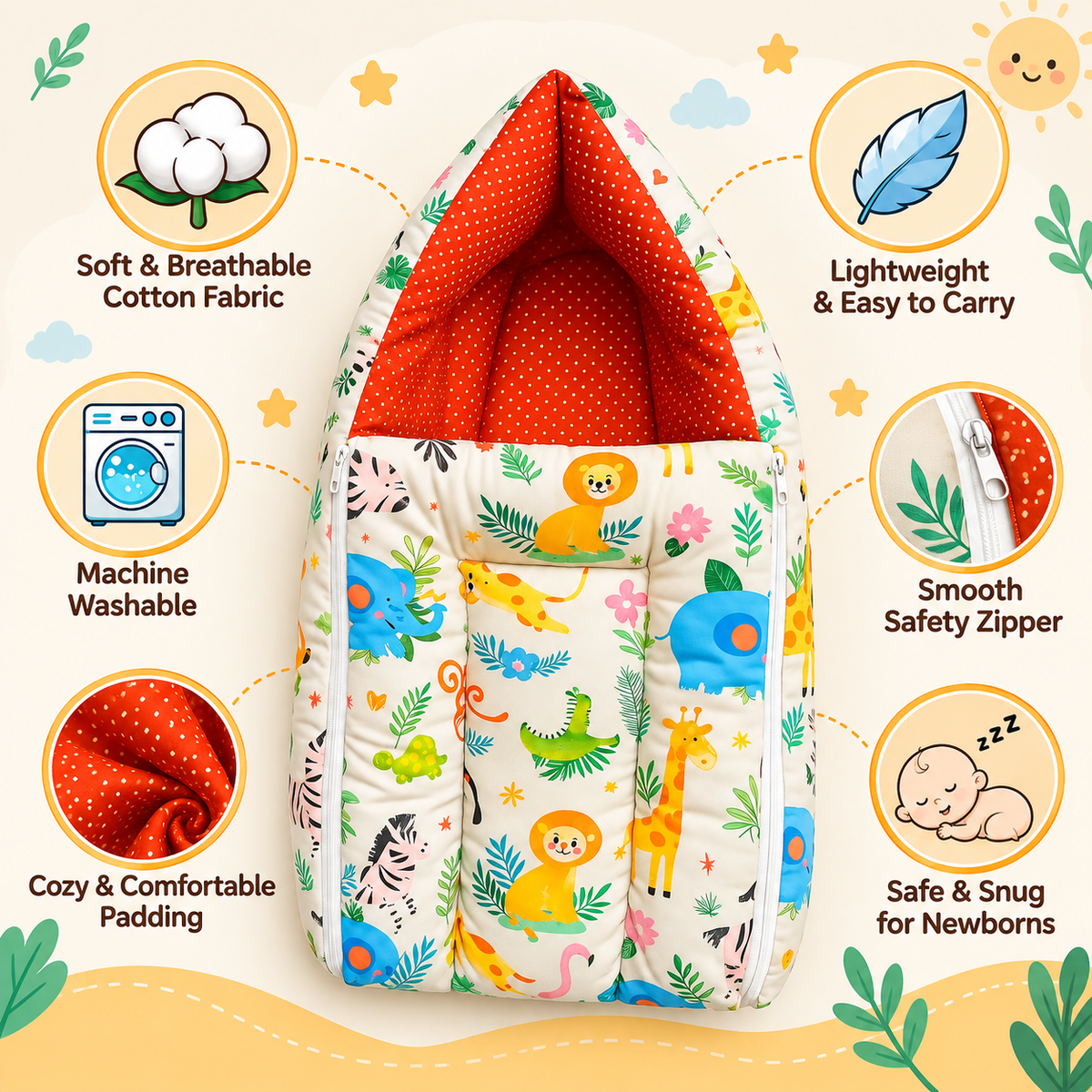 Multicolor 3 In 1 Baby Carry Nest Cum Sleeping Bag Jungle Print