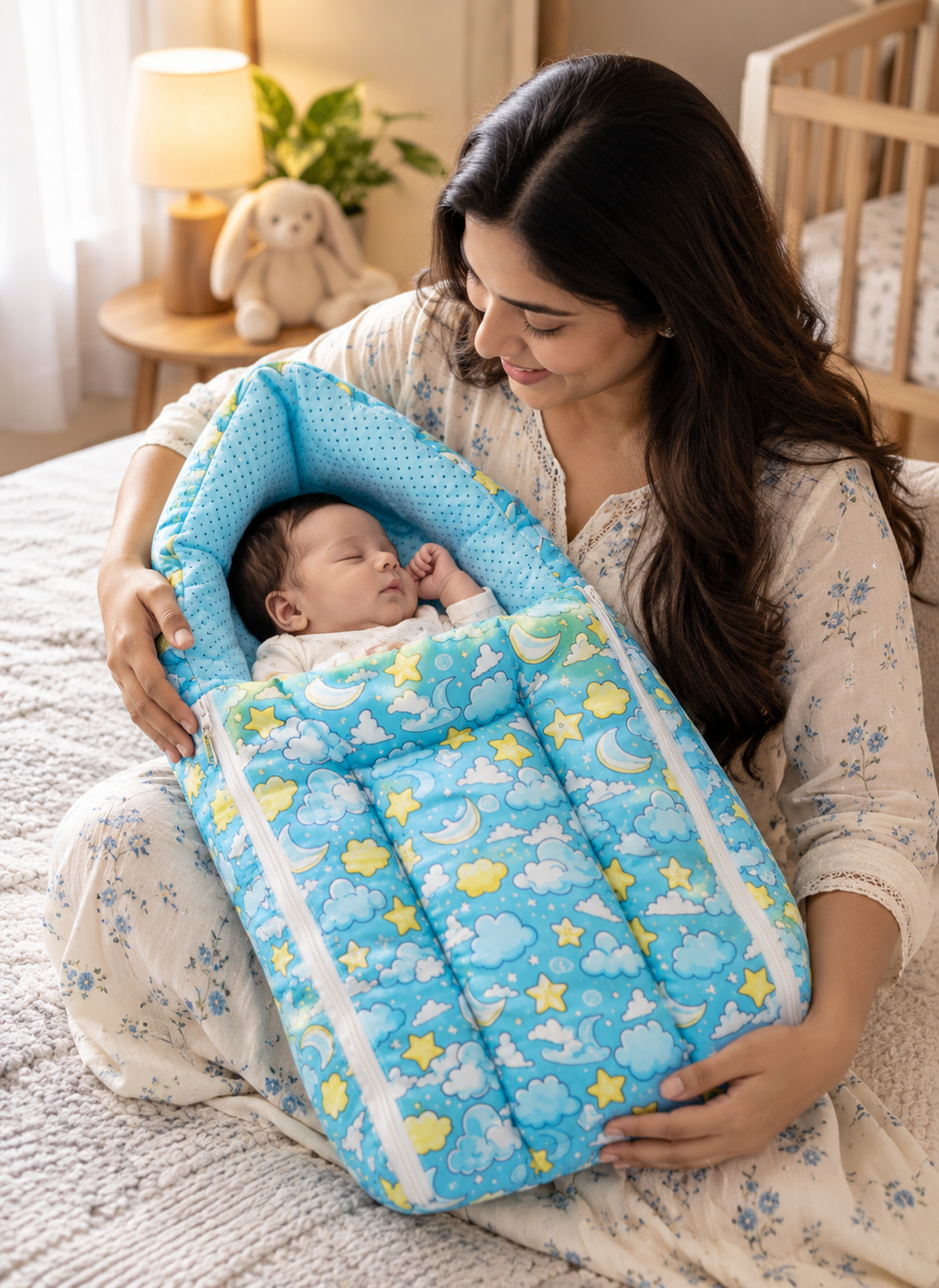 Multicolor 3 In 1 Baby Carry Nest Cum Sleeping Bag sky Print