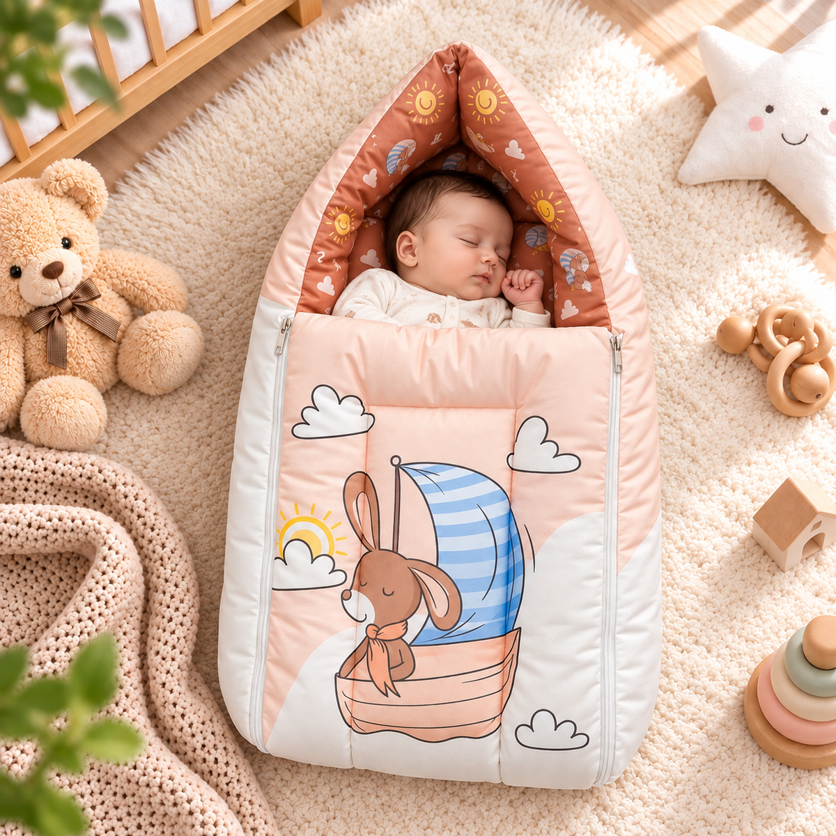 Multicolor 3 In 1 Baby Carry Nest Cum Sleeping Bag cute rabbit pirate Print