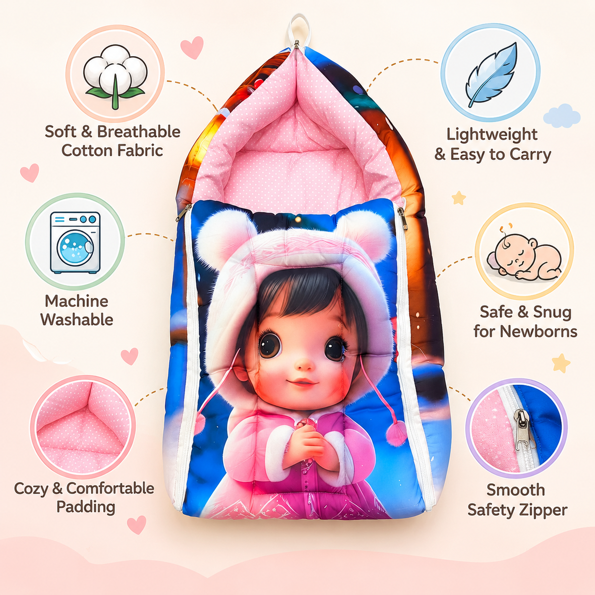 Multicolor 3 In 1 Baby Carry Nest Cum Sleeping Bag girl print