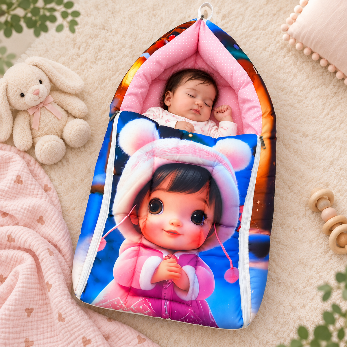 Multicolor 3 In 1 Baby Carry Nest Cum Sleeping Bag girl print