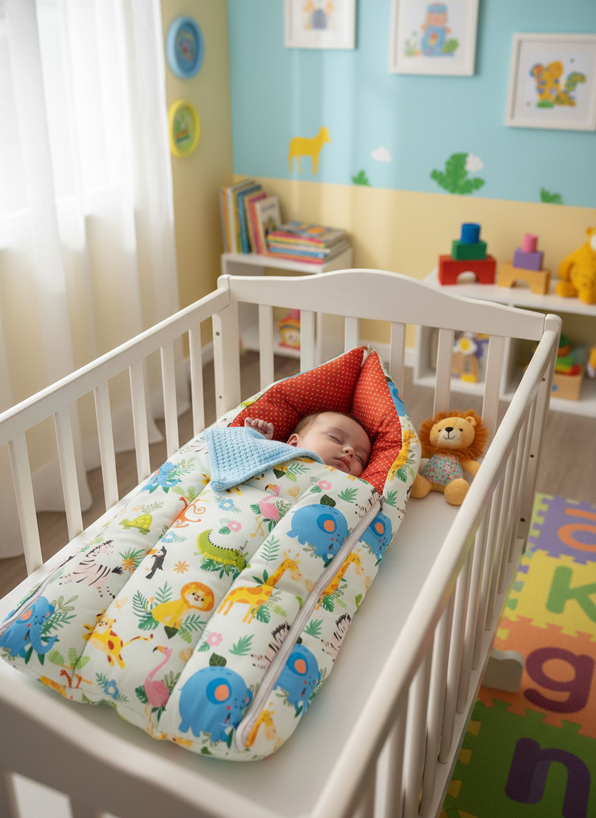 Multicolor 3 In 1 Baby Carry Nest Cum Sleeping Bag Jungle Print