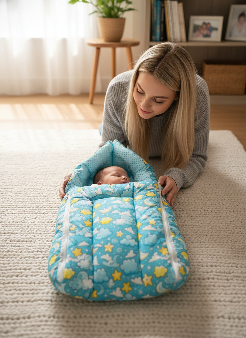 Multicolor 3 In 1 Baby Carry Nest Cum Sleeping Bag sky Print